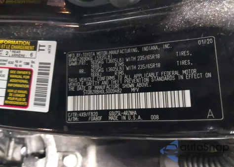 2020 Toyota Highlander Le z USA, uszkodzony, nr VIN 5TDBZRBH0LS009482